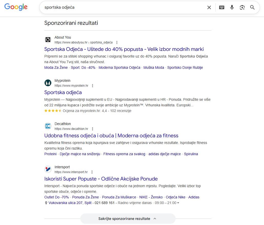 Google Ads sponzorirani rezultati